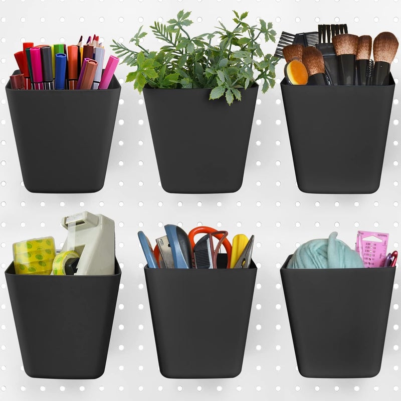 G.CORE Large Pegboard Cups Peg Board Storage Bin 6 Pack with Hooks, Square Box Shape Pegboard Cup Holder Accessories for Garage Workbench/Craft Room/Office/Playroom/Home Kitchen Organization (Black) - Image 1